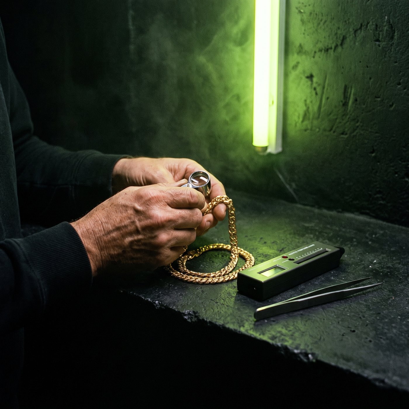 An expert inspecting a collectible at the counter before making an offer
