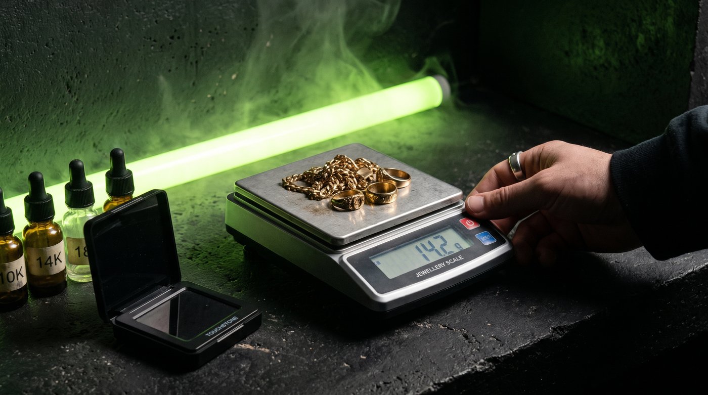 Gold testing and weighing process