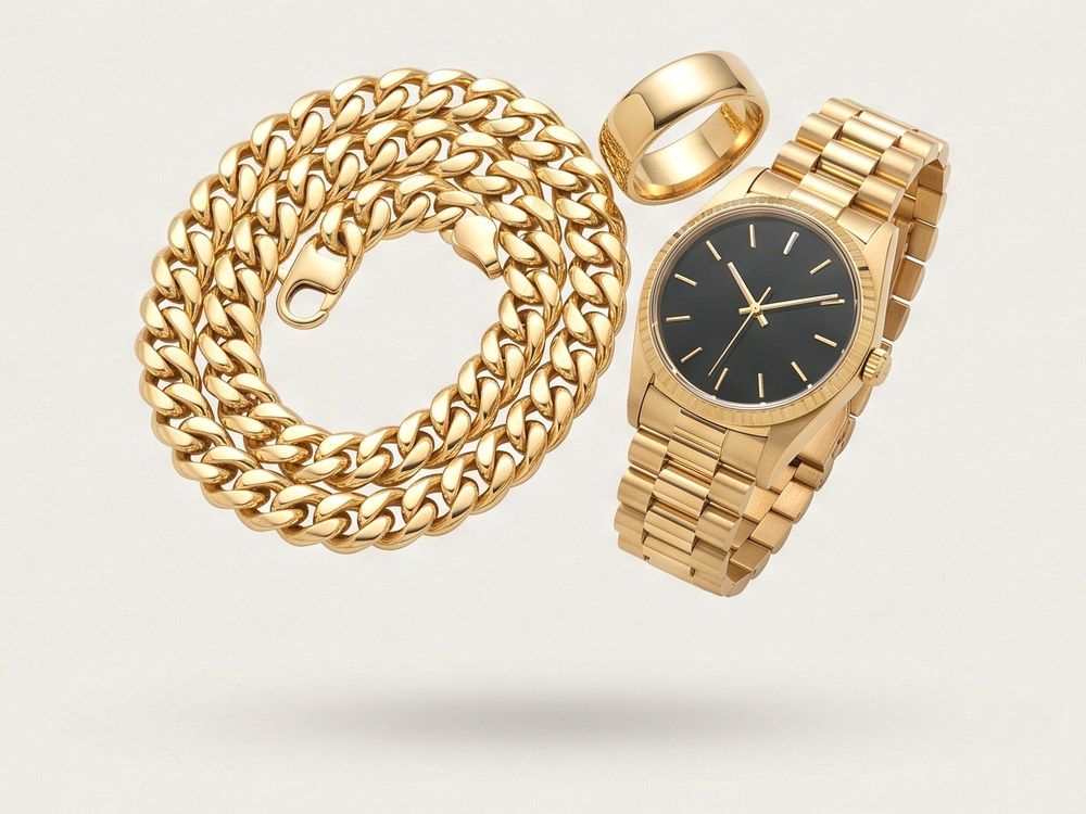 Gold Cuban link chain, ring and gold wristwatch
